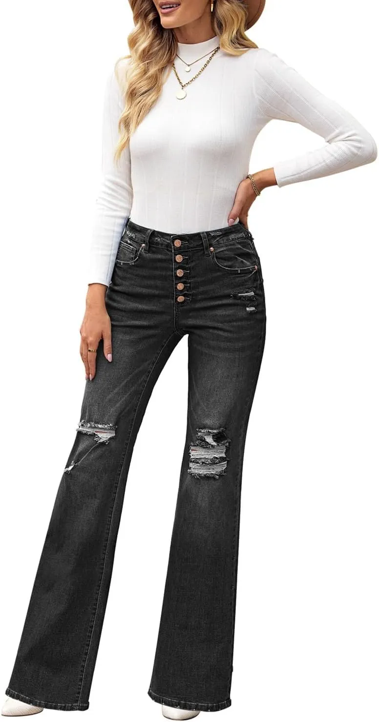 Utyful Women's High Waist Relaxed Fit Ripped Jeans Stretchy Flare Jeans Denim Pants
