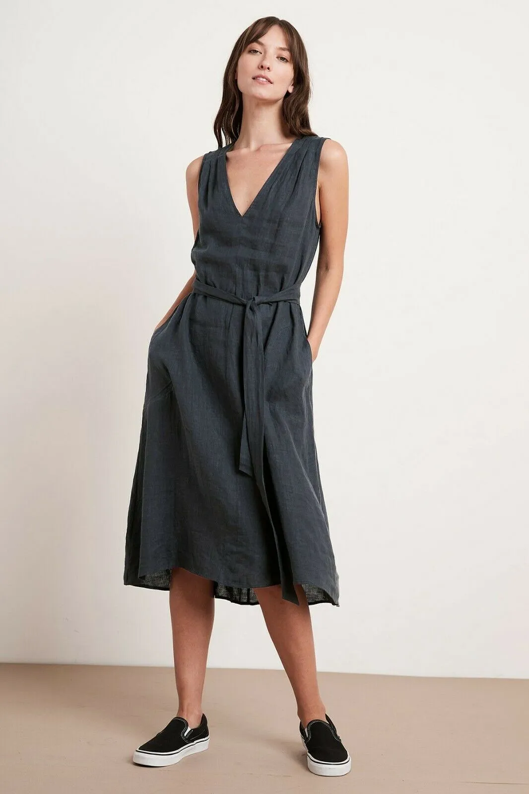 VELVET By Graham & Spencer Linen Waist Tie Midi Dress
