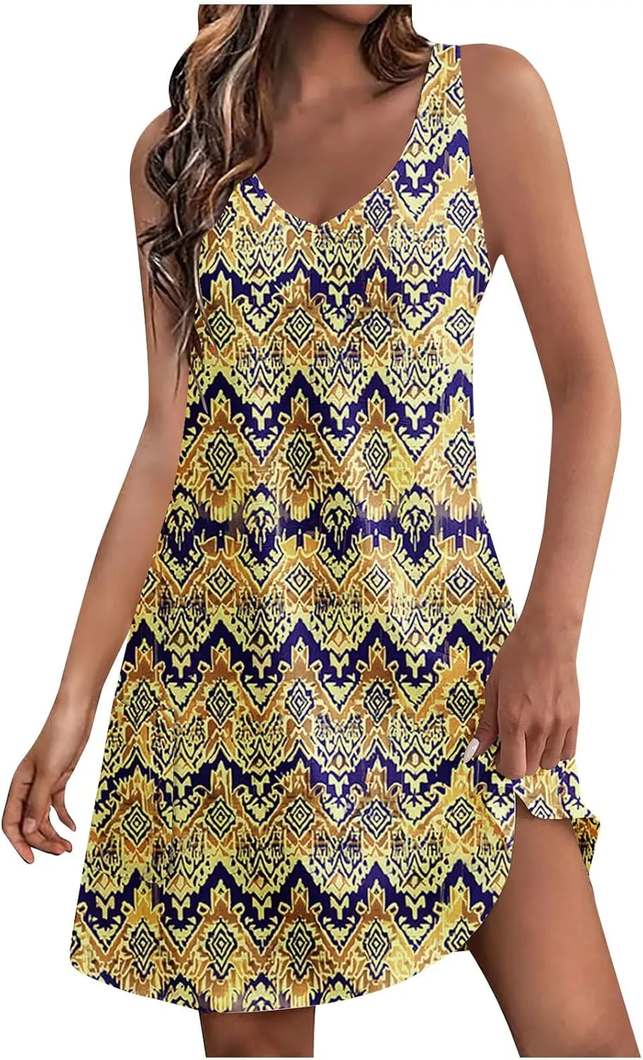 Vintage Sundresses for Women Casual V Neck Bohemian Tshirt Dress Ladies Flowy Knee Length Short Dress with Pockets