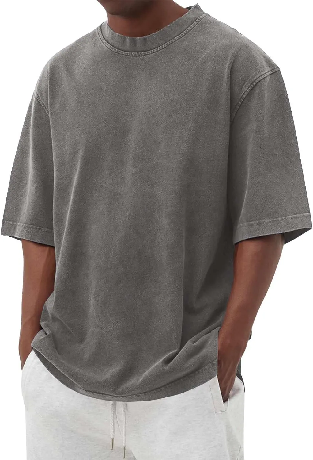 WENKOMG1 Mens Cotton Shirt Washed Crew Neck Casual Pullover Summer Short Sleeve Loose Fit Baggy Style Tee Shirts
