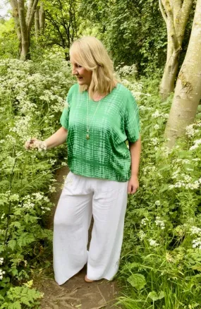 White Wide leg vintage wash crinkle cotton trousers with side splits