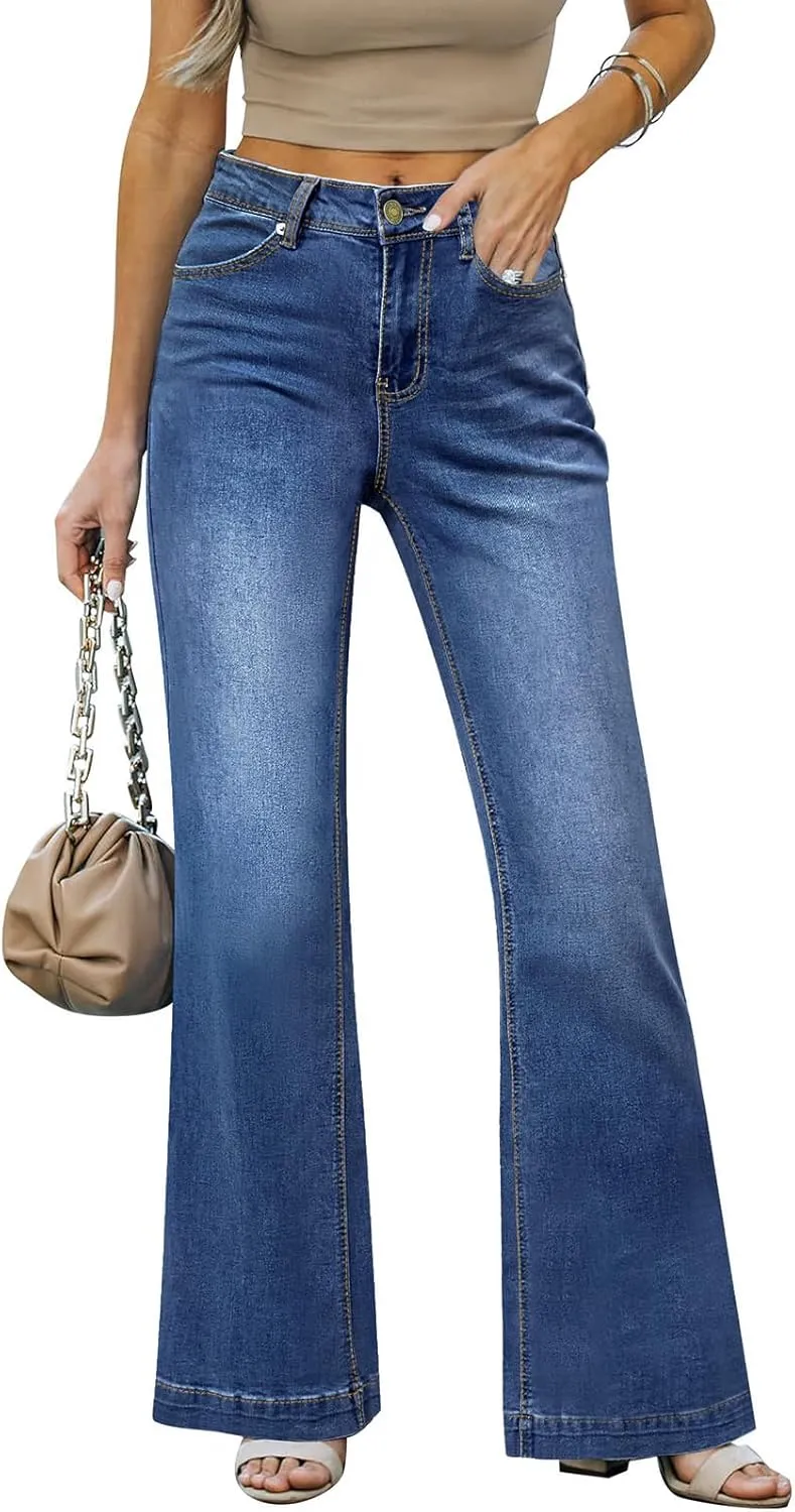 Wide Leg Jeans for Women Mid-Rise Stretchy Baggy Jeans Distressed Denim Pants Trendy