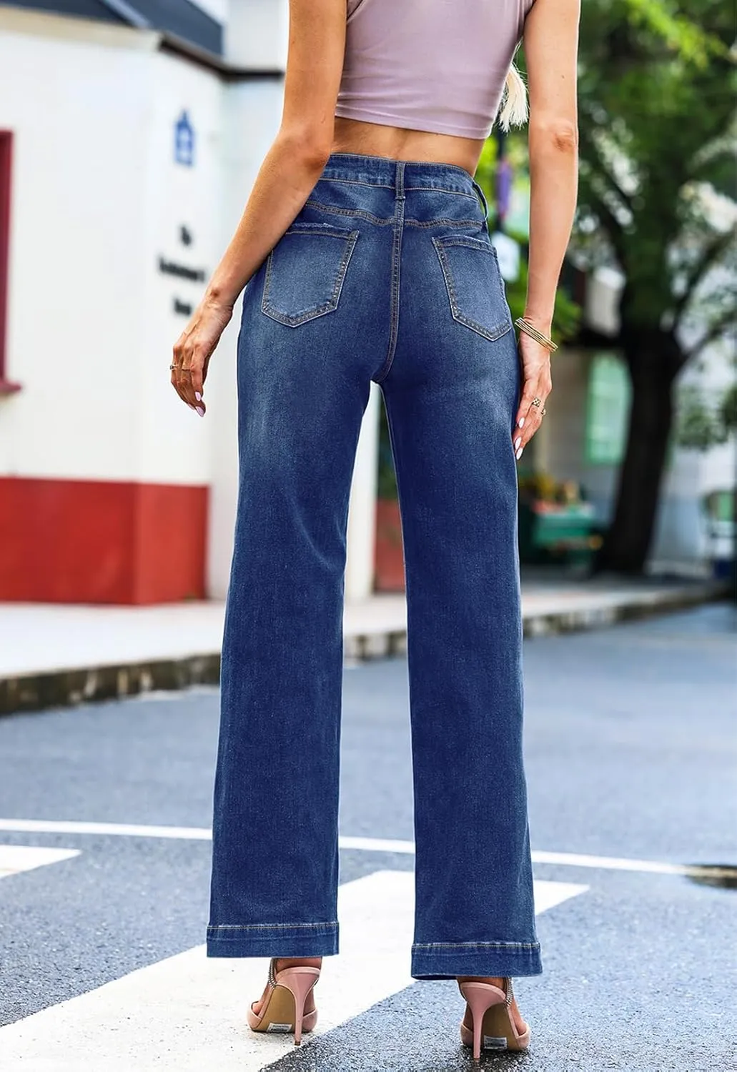 Wide Leg Jeans for Women Mid-Rise Stretchy Baggy Jeans Distressed Denim Pants Trendy