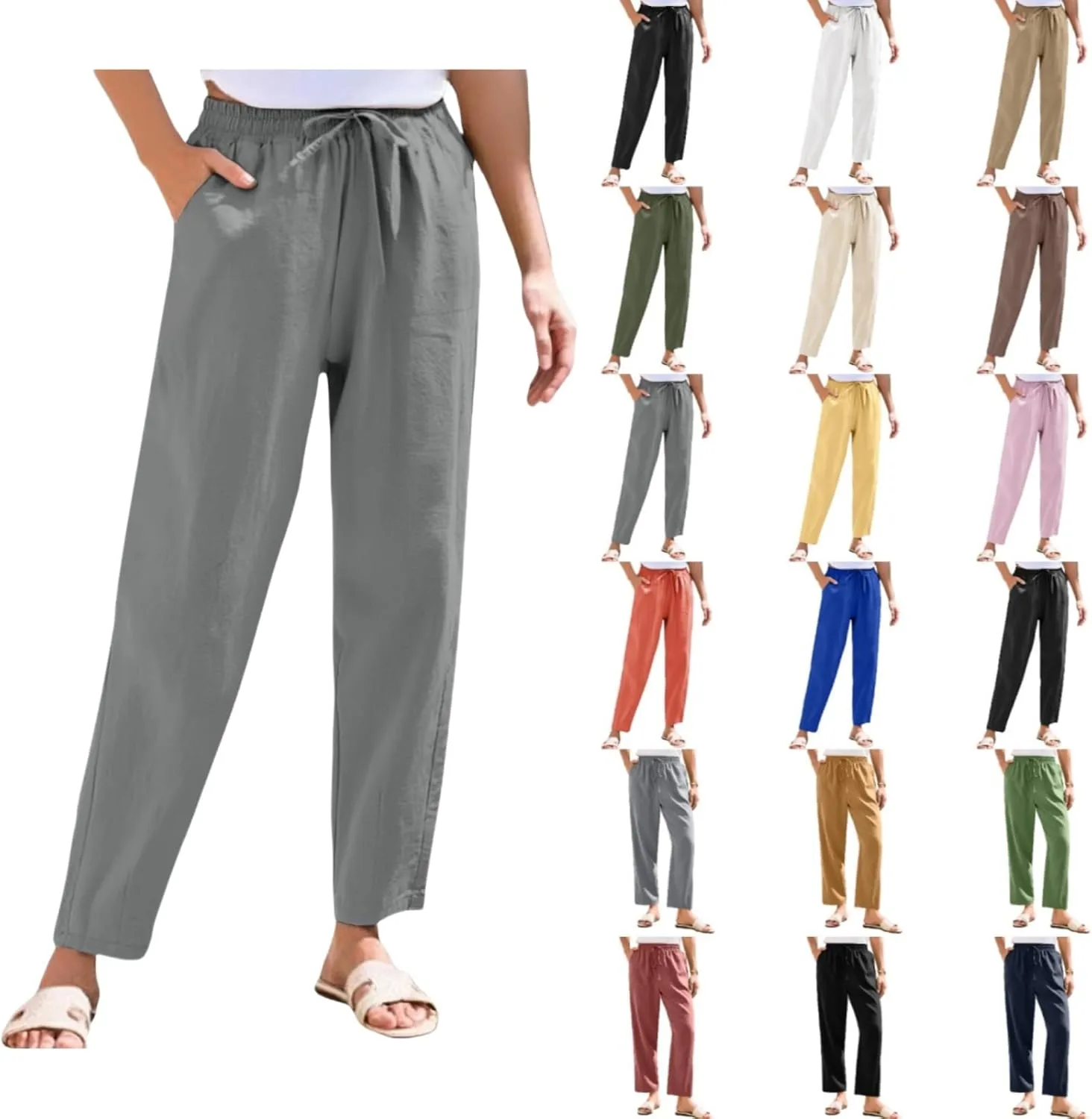 Women Casual Straight Leg Pants Elastic Drawstring Trousers with Pockets 2025 Summer Cotton Linen Beach Lounge Clothes