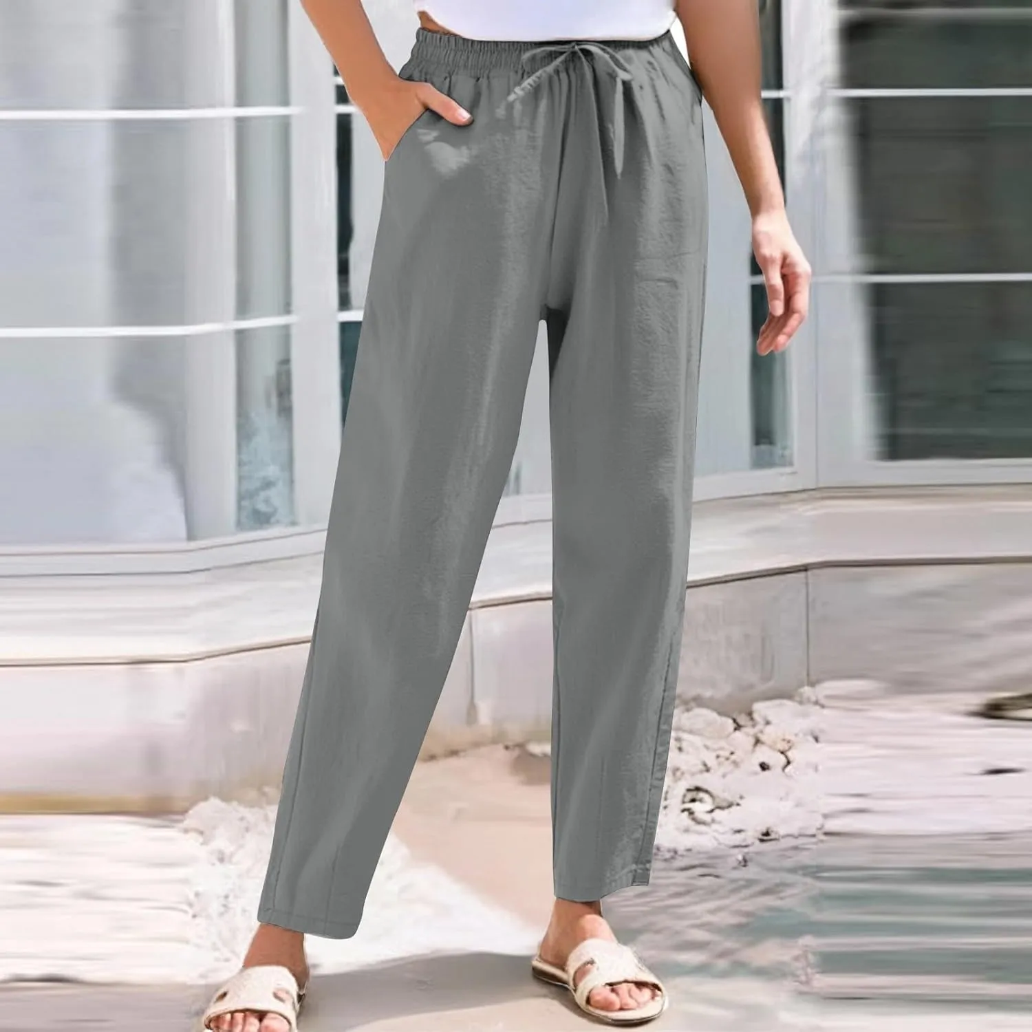Women Casual Straight Leg Pants Elastic Drawstring Trousers with Pockets 2025 Summer Cotton Linen Beach Lounge Clothes