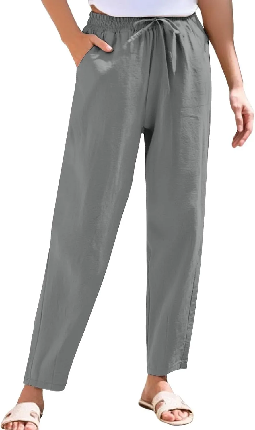 Women Casual Straight Leg Pants Elastic Drawstring Trousers with Pockets 2025 Summer Cotton Linen Beach Lounge Clothes
