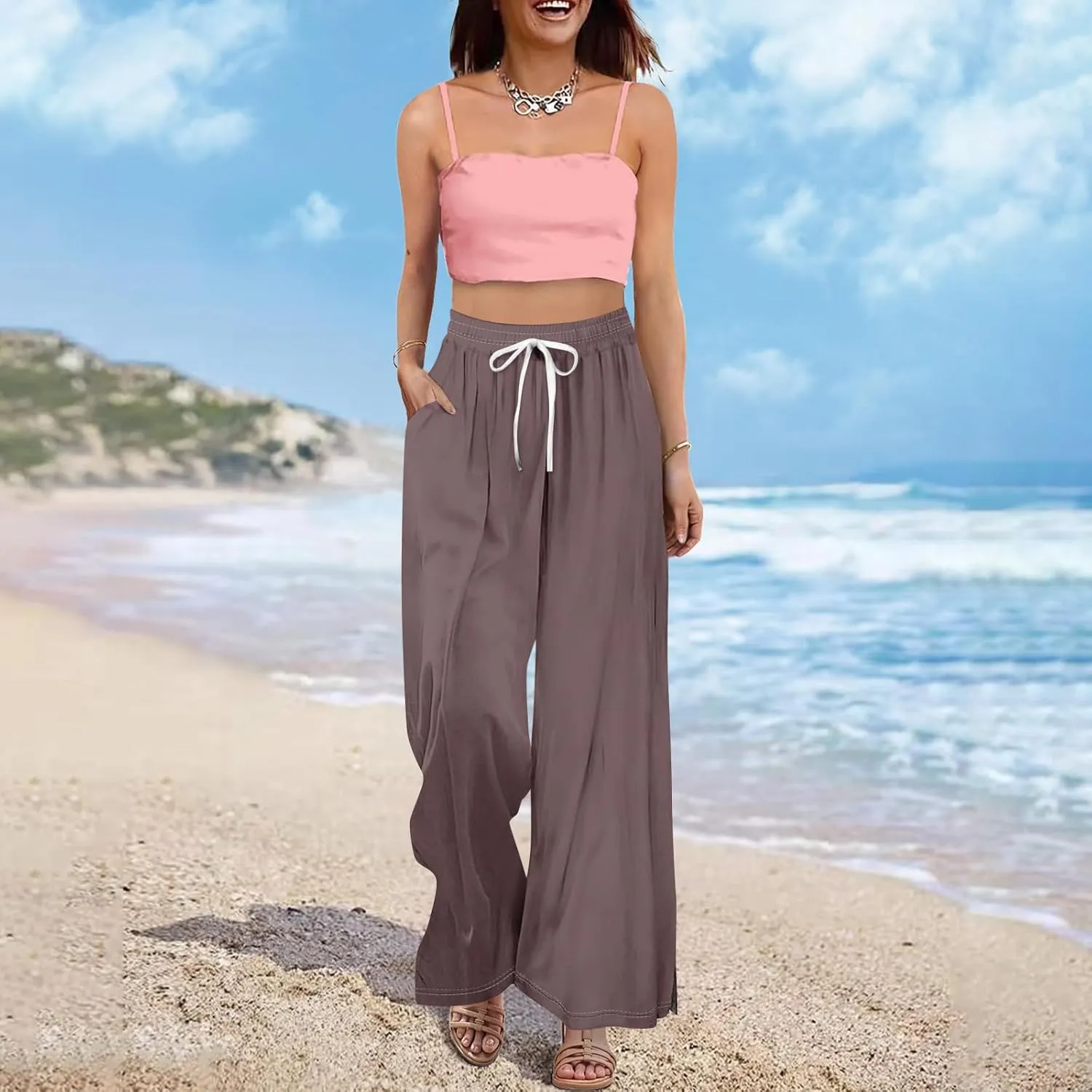 Women Casual Summer Boho Palazzo Pants High Waist Wide Leg Floral Beach Vacation Trousers with Pockets