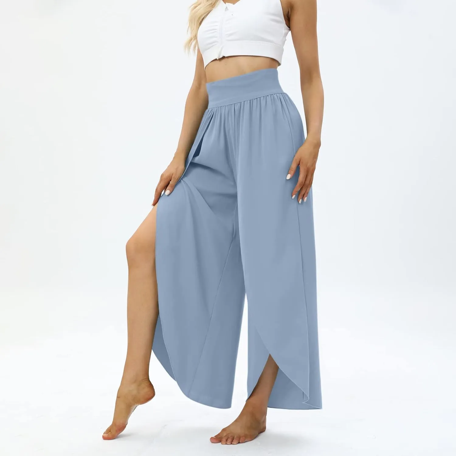 Women Flowy Split Wide Leg Pants High Waisted Yoga Pants Baggy Hippie Pilates Pants Boho Beach Plus Size Palazzo Pants