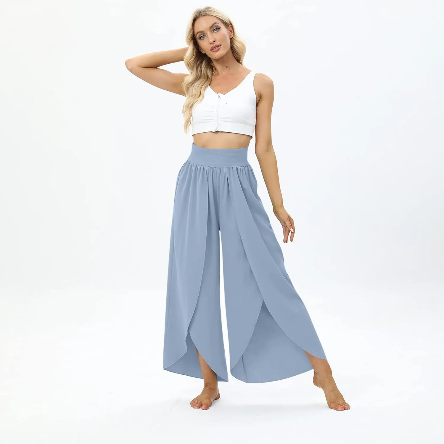 Women Flowy Split Wide Leg Pants High Waisted Yoga Pants Baggy Hippie Pilates Pants Boho Beach Plus Size Palazzo Pants