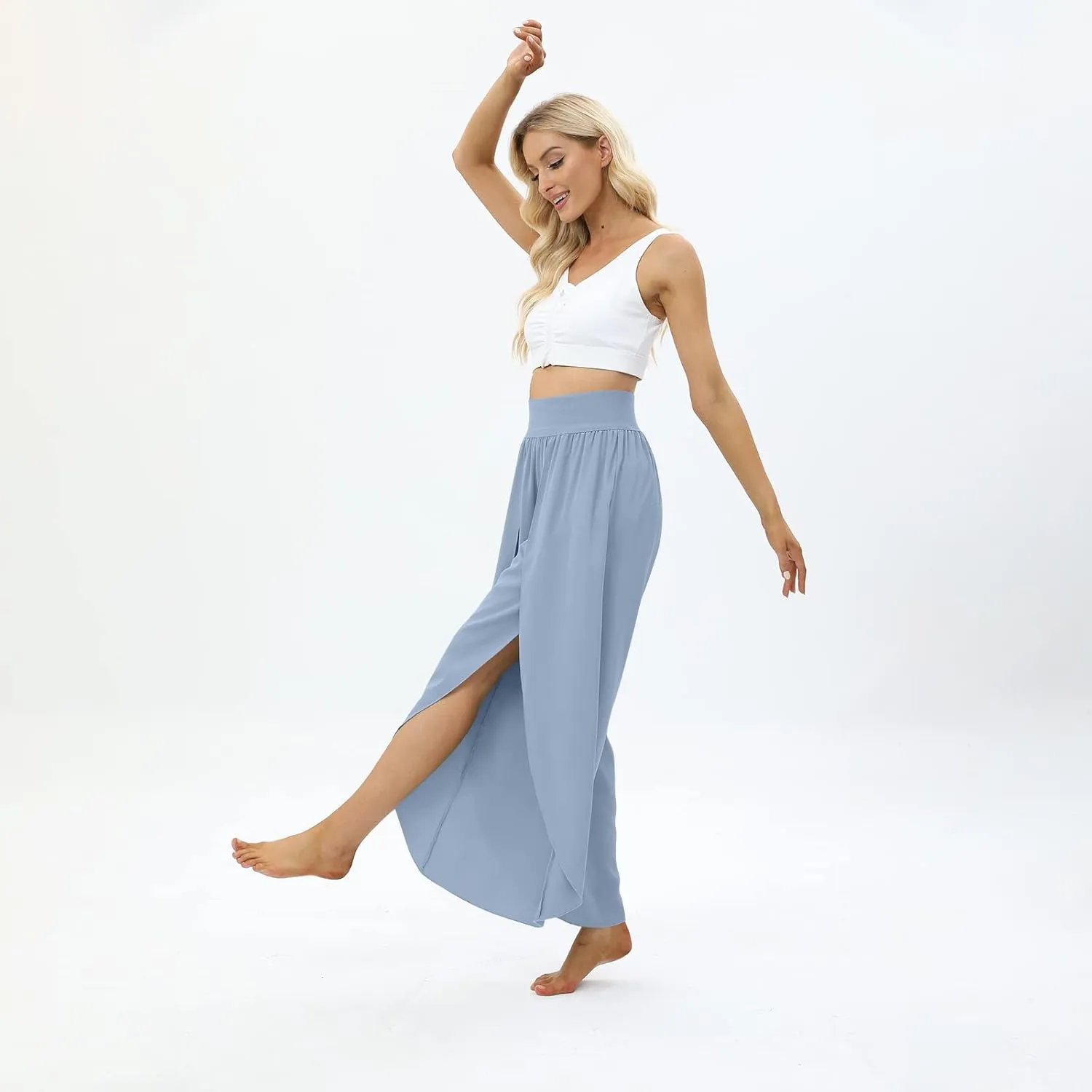 Women Flowy Split Wide Leg Pants High Waisted Yoga Pants Baggy Hippie Pilates Pants Boho Beach Plus Size Palazzo Pants