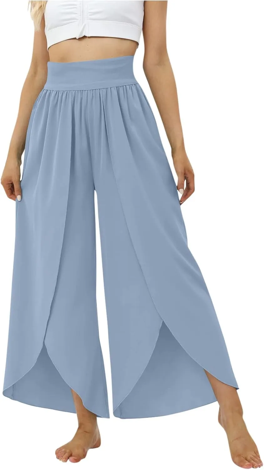 Women Flowy Split Wide Leg Pants High Waisted Yoga Pants Baggy Hippie Pilates Pants Boho Beach Plus Size Palazzo Pants