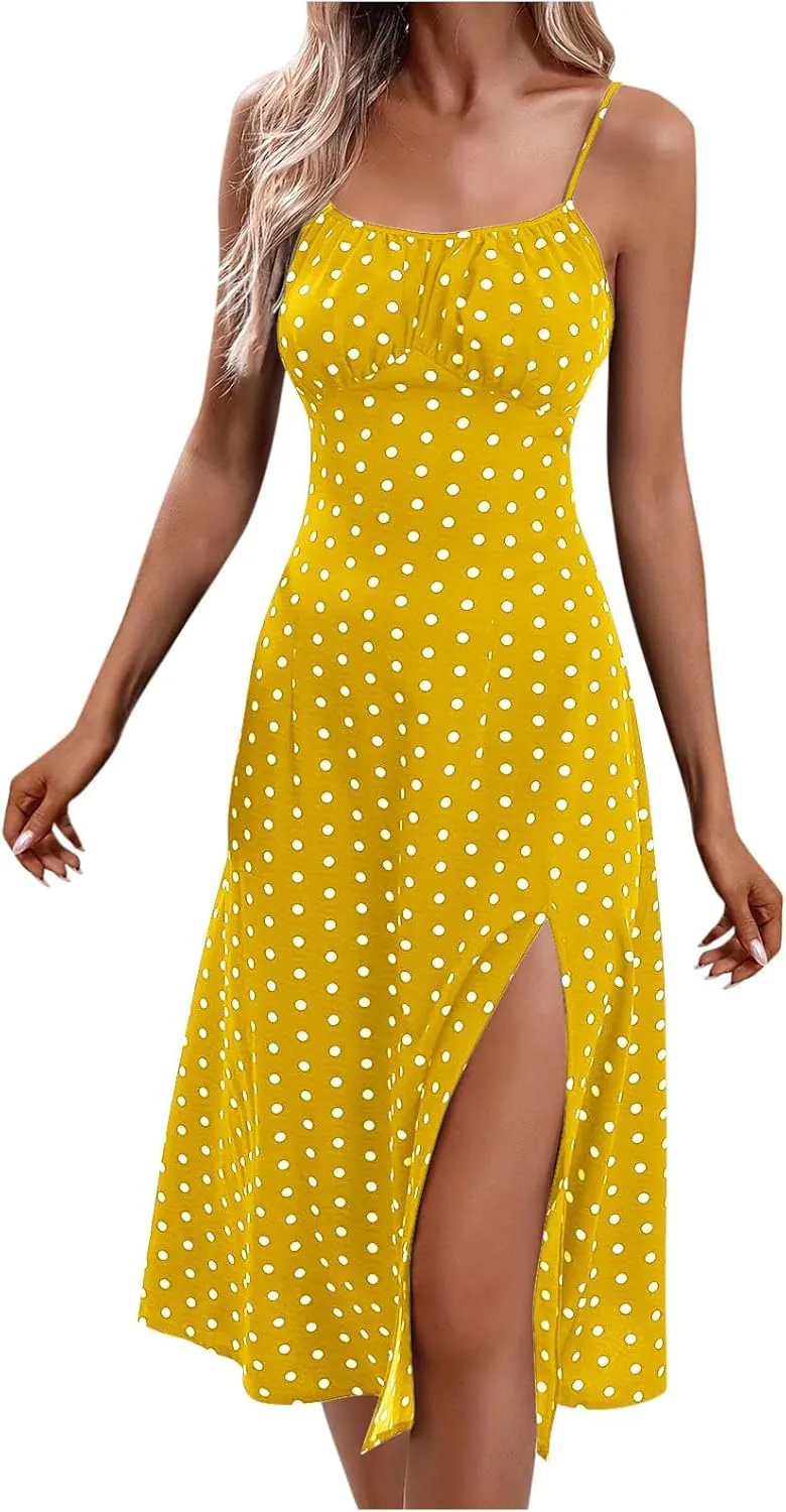 Women Polka Dot Summer Dresses Spaghetti Strap Beach Sundresses Casual Slit Dress Trendy Vacation Resort Clothing