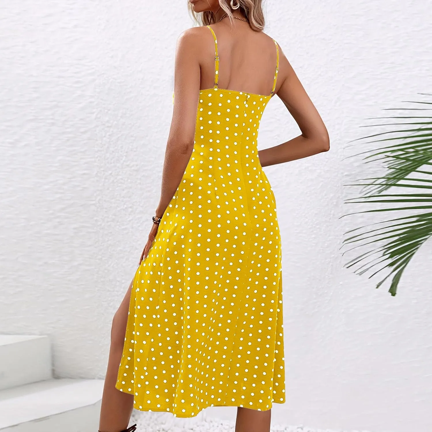 Women Polka Dot Summer Dresses Spaghetti Strap Beach Sundresses Casual Slit Dress Trendy Vacation Resort Clothing