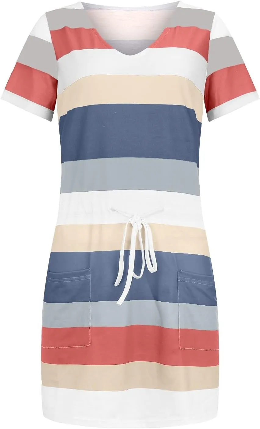 Women Summer Dresses Casual Striped Loose V Neck Short Sleeve Mini Dresses Trendy Color Block Beach Vacation Sundress