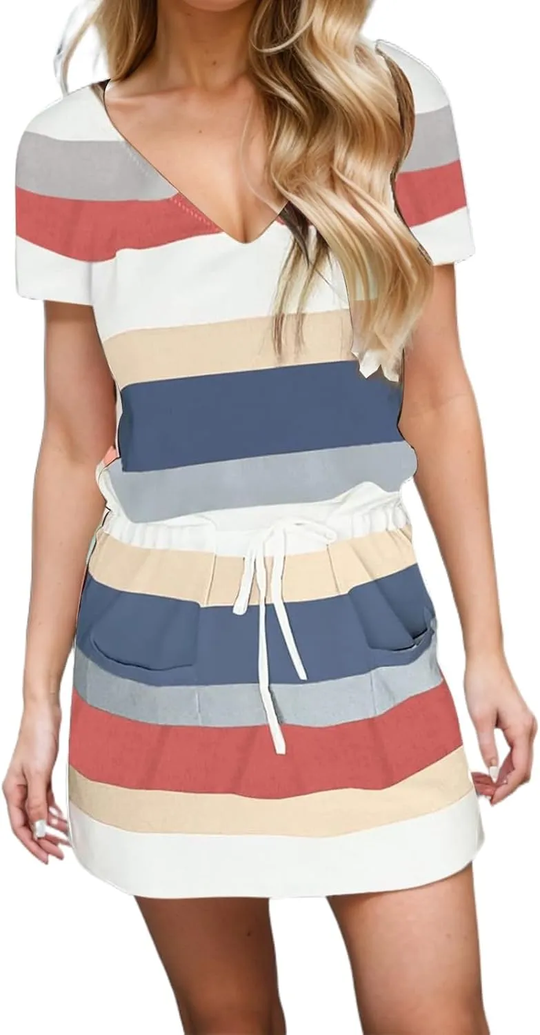 Women Summer Dresses Casual Striped Loose V Neck Short Sleeve Mini Dresses Trendy Color Block Beach Vacation Sundress