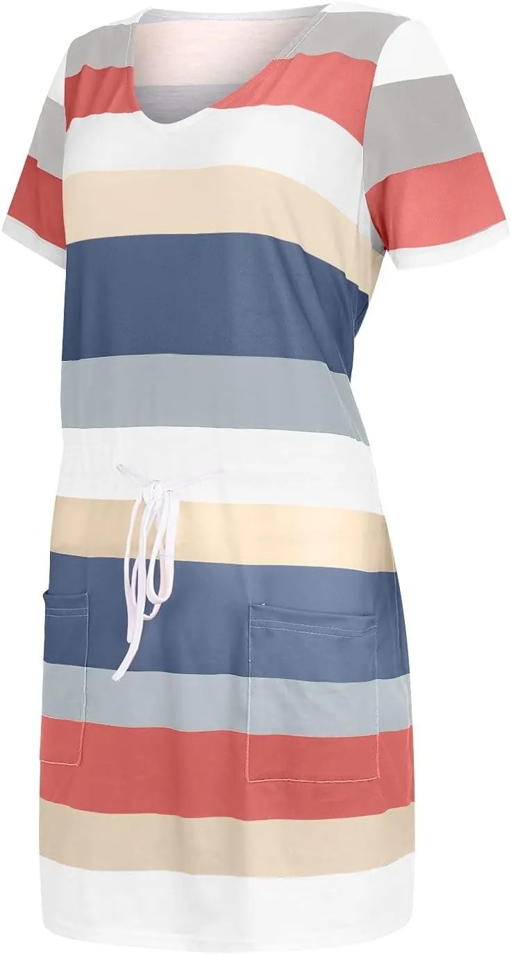 Women Summer Dresses Casual Striped Loose V Neck Short Sleeve Mini Dresses Trendy Color Block Beach Vacation Sundress