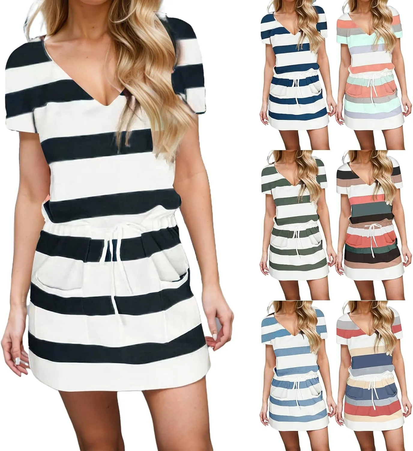 Women Summer Dresses Casual Striped Loose V Neck Short Sleeve Mini Dresses Trendy Color Block Beach Vacation Sundress