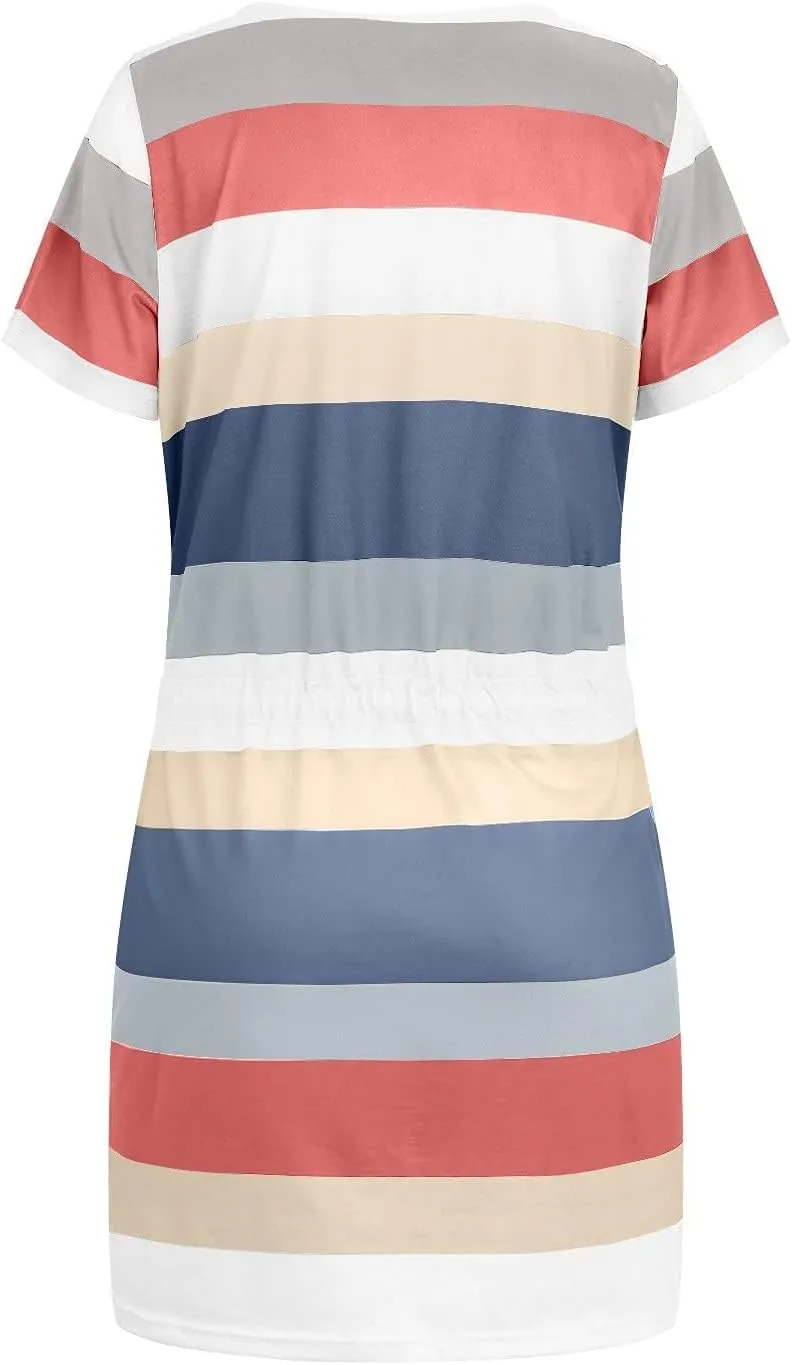 Women Summer Dresses Casual Striped Loose V Neck Short Sleeve Mini Dresses Trendy Color Block Beach Vacation Sundress