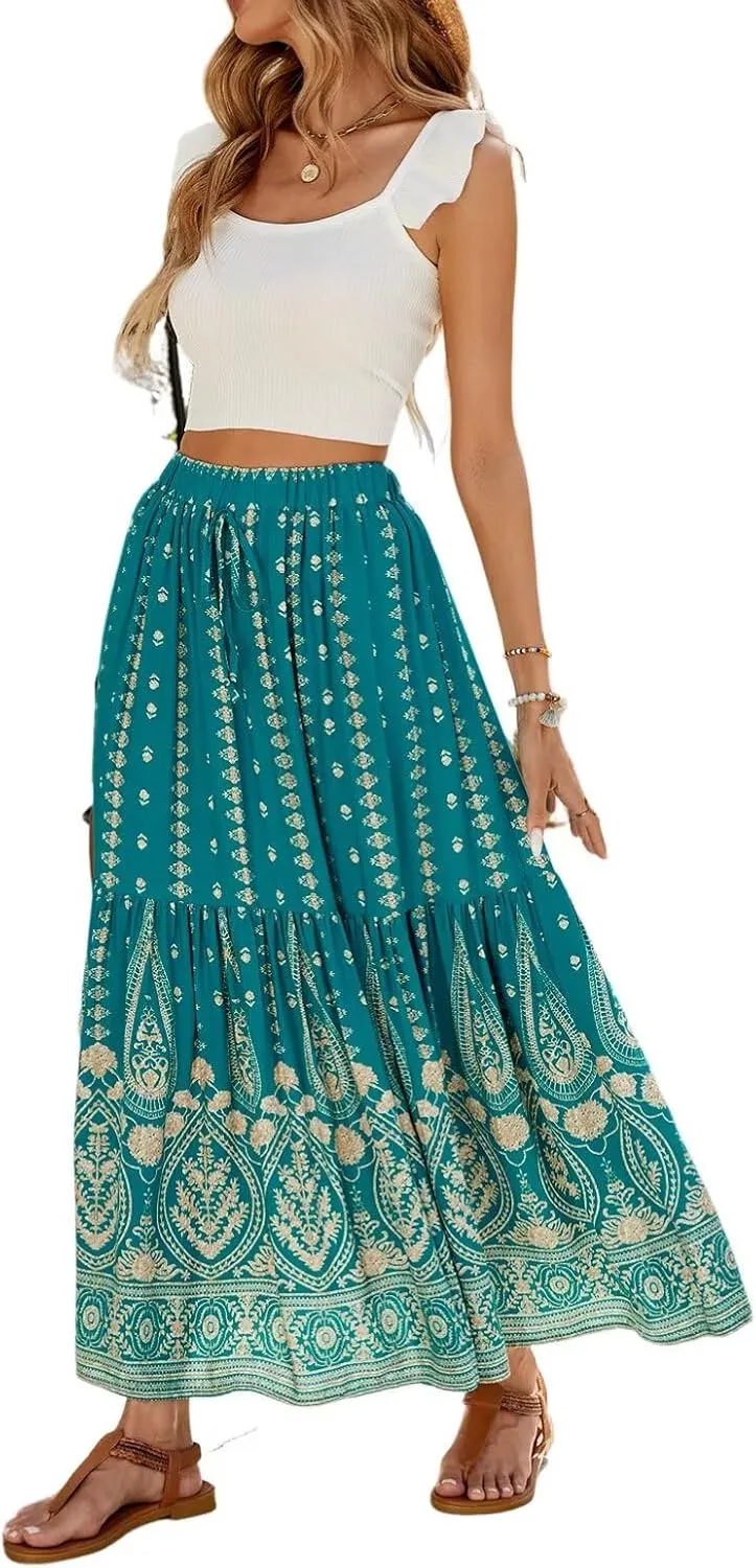 Women's 2025 Spring Summer Boho Floral Elastic Waist Flowy Swing Pleated A Line Long Maxi Beach Skirt