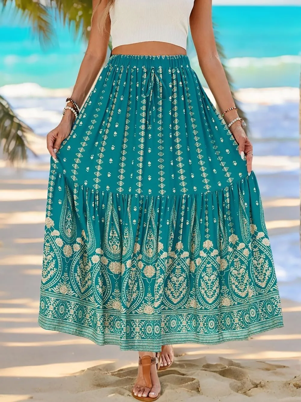 Women's 2025 Spring Summer Boho Floral Elastic Waist Flowy Swing Pleated A Line Long Maxi Beach Skirt