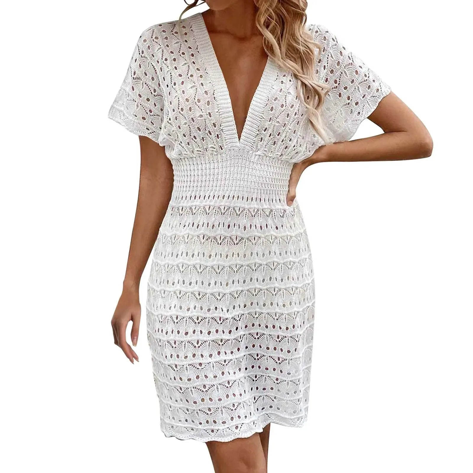 Womens Boho Summer Dresses Deep V Neck Short Sleeve Beach Dress Hollow Knitting Sundress Swimsuit Cover Up Dress