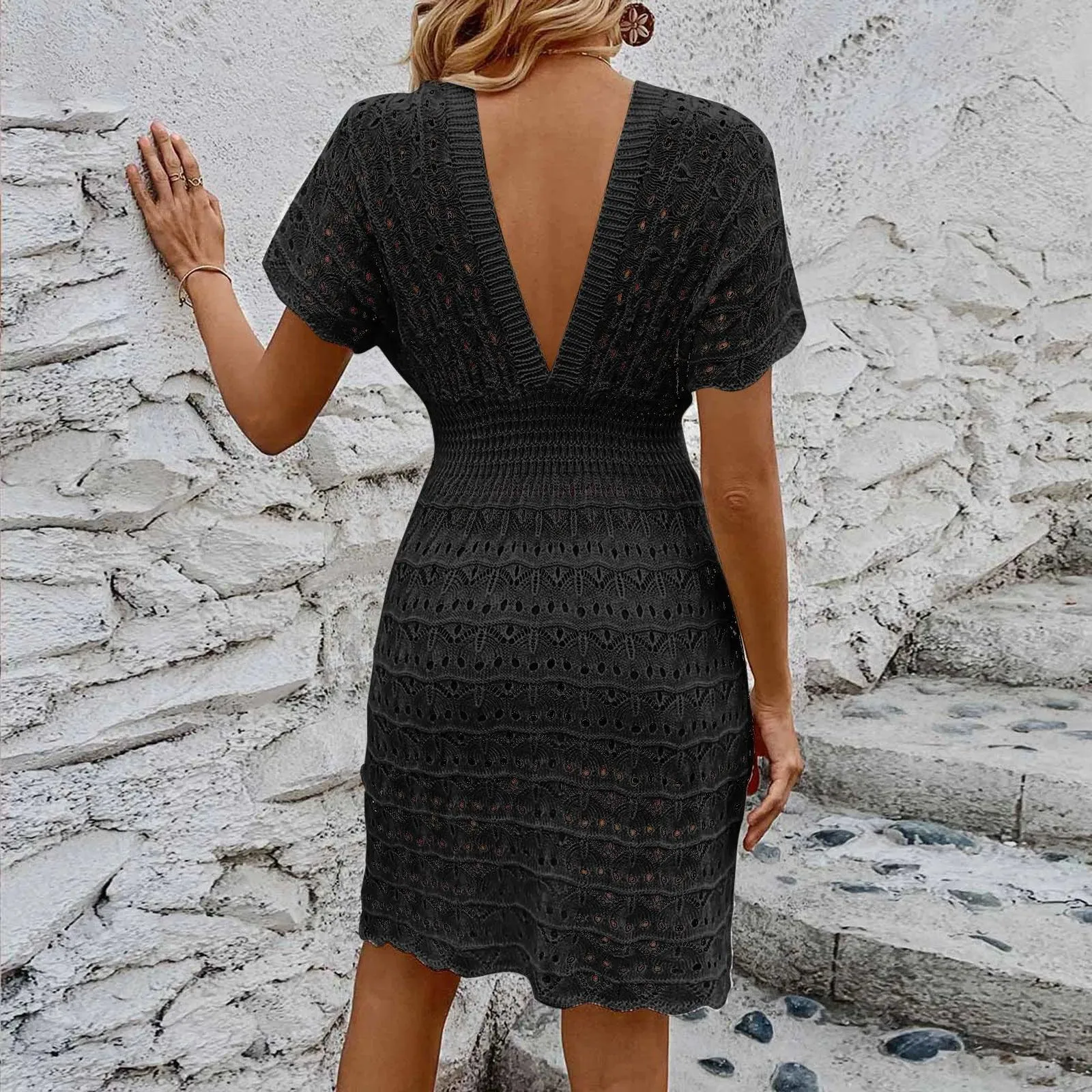 Womens Boho Summer Dresses Deep V Neck Short Sleeve Beach Dress Hollow Knitting Sundress Swimsuit Cover Up Dress