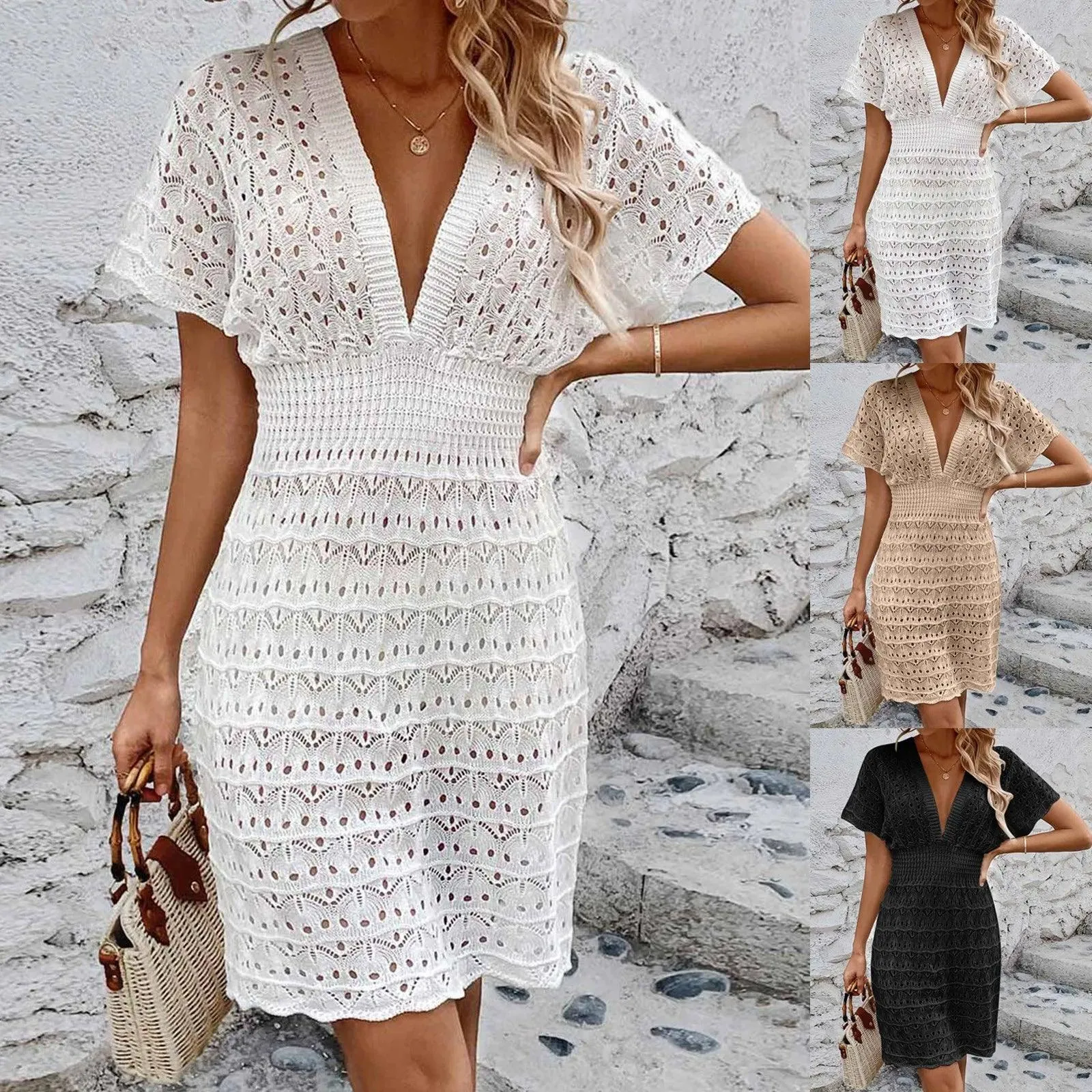 Womens Boho Summer Dresses Deep V Neck Short Sleeve Beach Dress Hollow Knitting Sundress Swimsuit Cover Up Dress