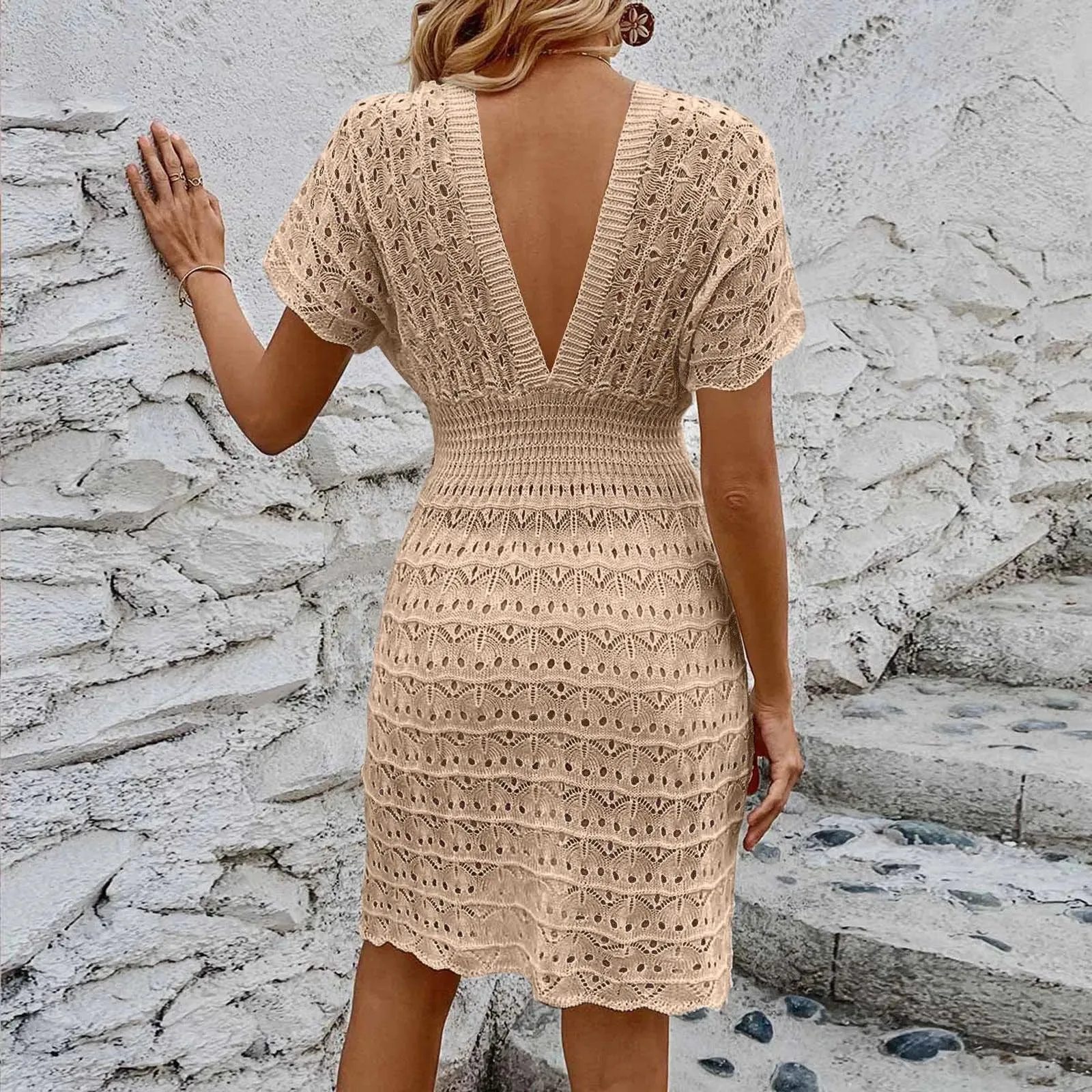 Womens Boho Summer Dresses Deep V Neck Short Sleeve Beach Dress Hollow Knitting Sundress Swimsuit Cover Up Dress