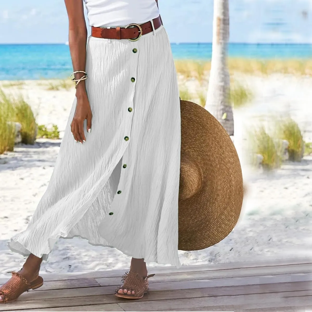 Womens Button Front Maxi Skirt Mid Waist Boho A-Line Summer Cotton Pleated Slit Flowy Swing Long Skirt