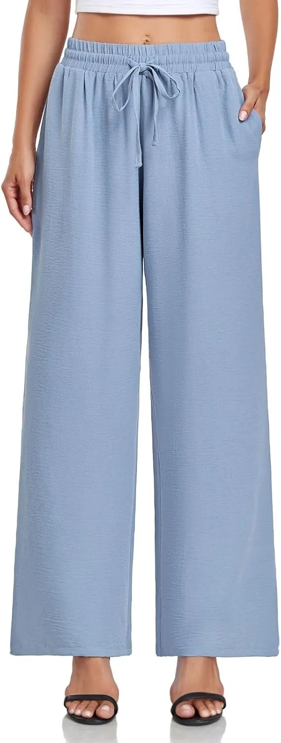 Women's Casual Pants Loose Fit Palazzo Pant Elastic Waist Drawstring Tie Knot Trousers with Pockets
