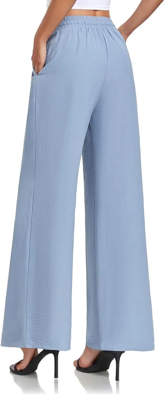 Women's Casual Pants Loose Fit Palazzo Pant Elastic Waist Drawstring Tie Knot Trousers with Pockets