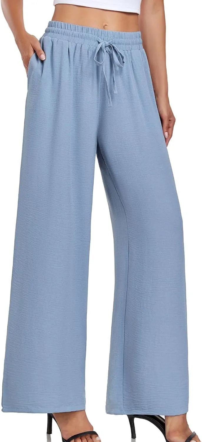 Women's Casual Pants Loose Fit Palazzo Pant Elastic Waist Drawstring Tie Knot Trousers with Pockets
