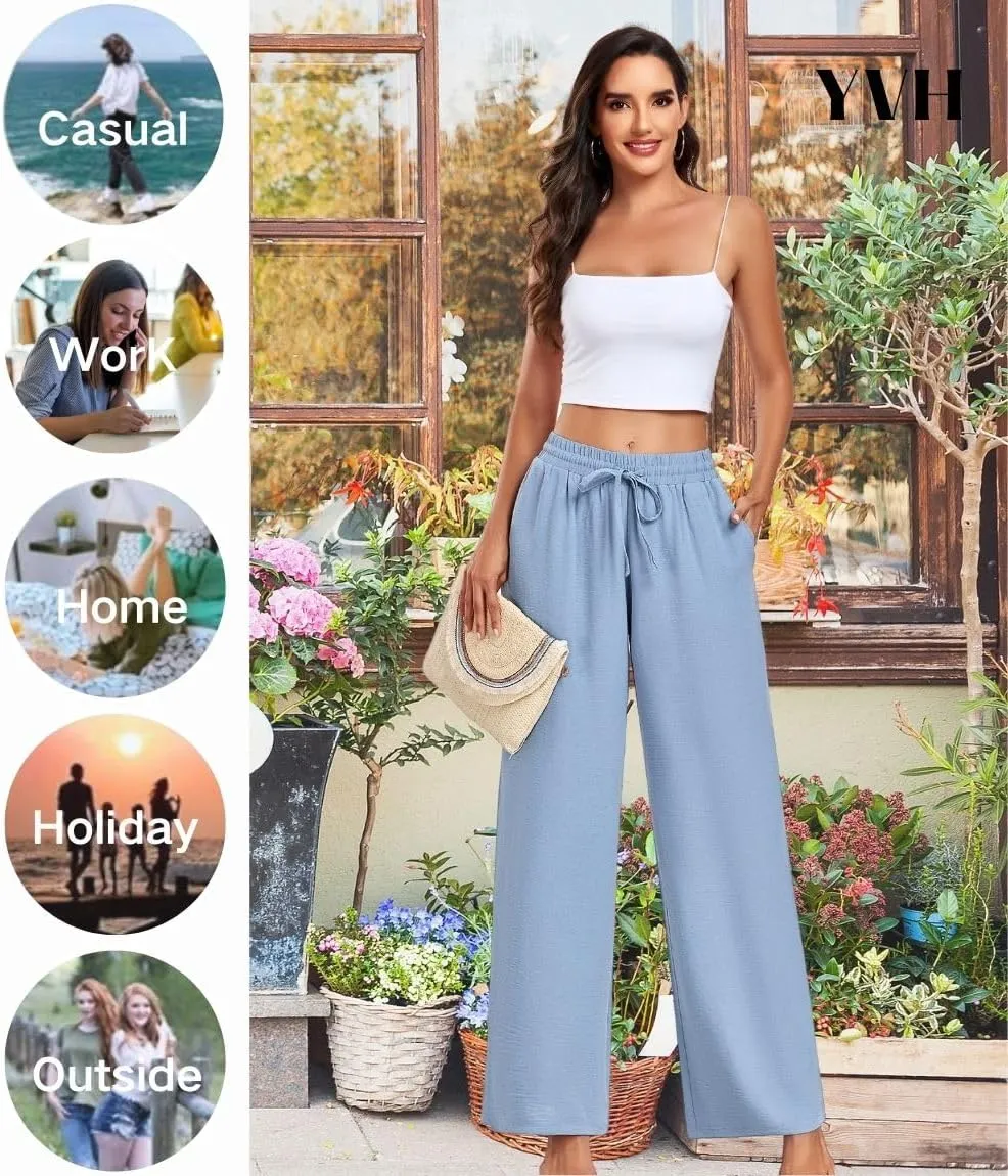 Women's Casual Pants Loose Fit Palazzo Pant Elastic Waist Drawstring Tie Knot Trousers with Pockets