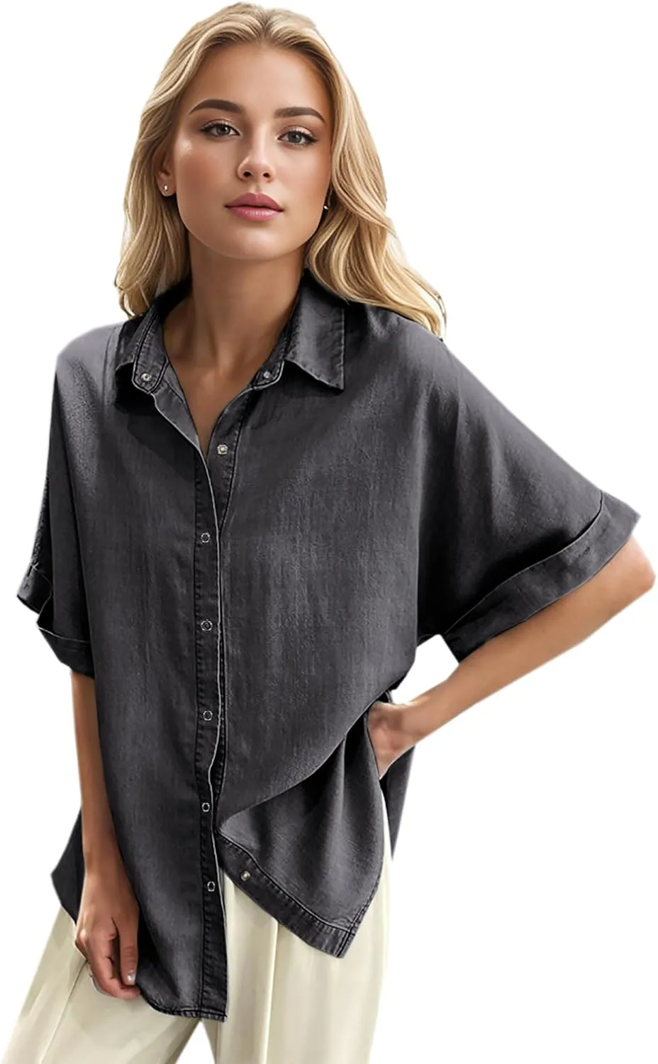 Womens Convenient Snap Casual & Soft Short Sleeve Shirts Blouse, US Small - US 2X-Large