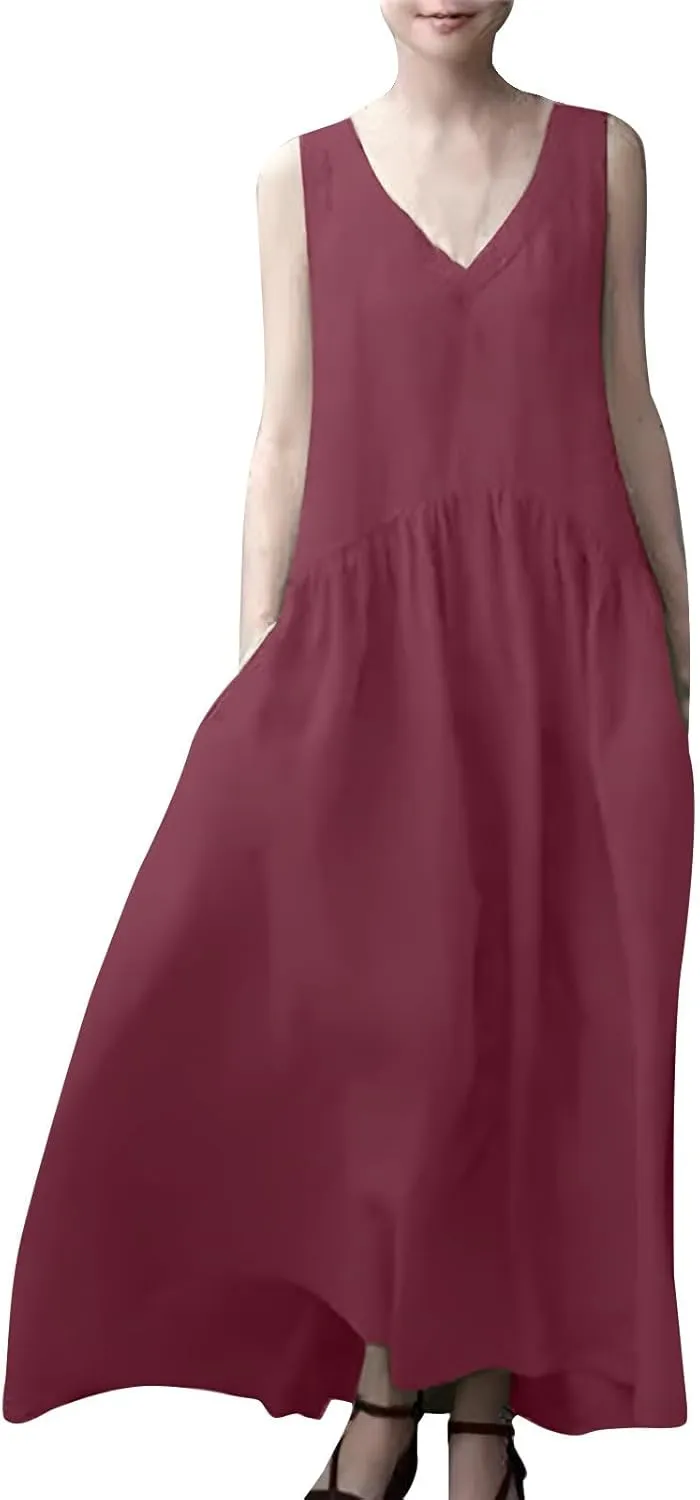 Women's Cotton Linen Summer Dress Casual Loose Sleeveless Swing Dress Flowy Beach V Neck Pleated Maxi Long Sundress