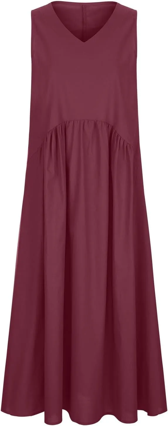 Women's Cotton Linen Summer Dress Casual Loose Sleeveless Swing Dress Flowy Beach V Neck Pleated Maxi Long Sundress