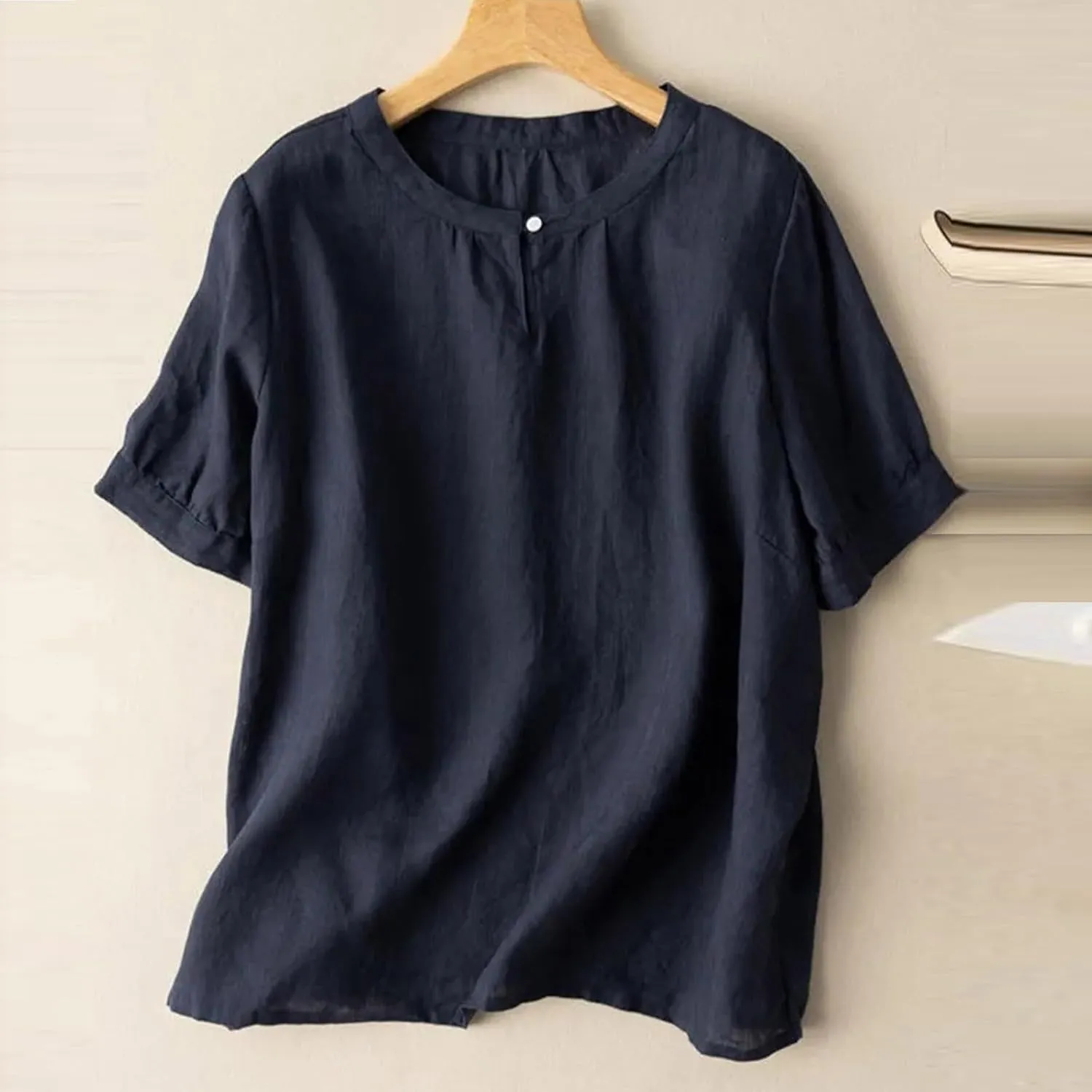 Women's Cotton Linen Summer Tops Crewneck Casual Loose Solid Color Dressy Blouse Soft Short Sleeve Basic Tee Shirts