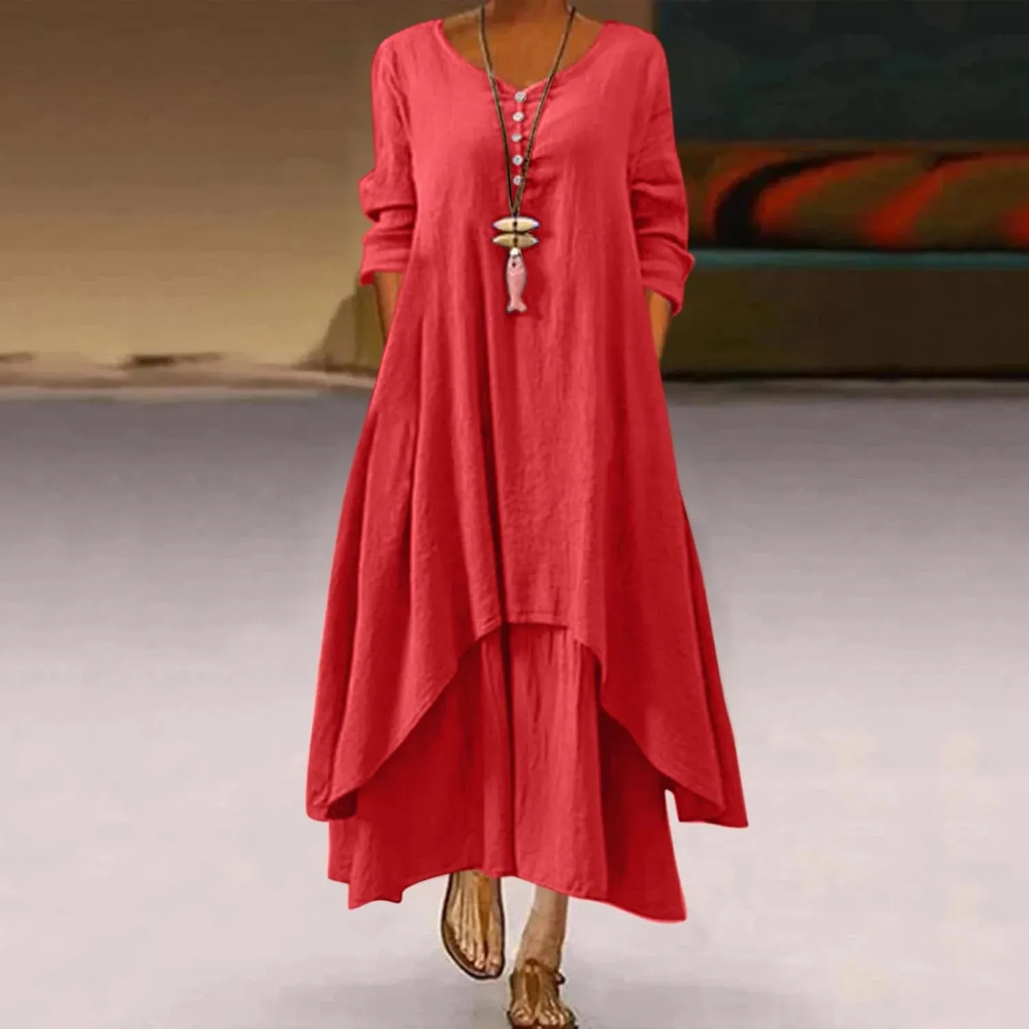 Womens Cotton Vintage Dress Solid Long Sleeve Swing Maxi Linen Dresses Summer A-line Flare Oversized Beach Outfits