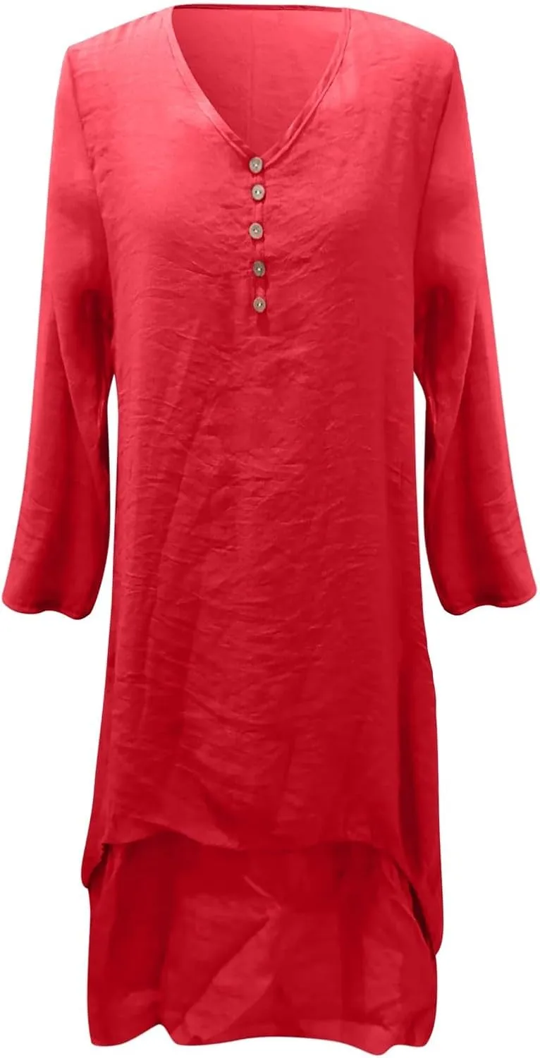 Womens Cotton Vintage Dress Solid Long Sleeve Swing Maxi Linen Dresses Summer A-line Flare Oversized Beach Outfits