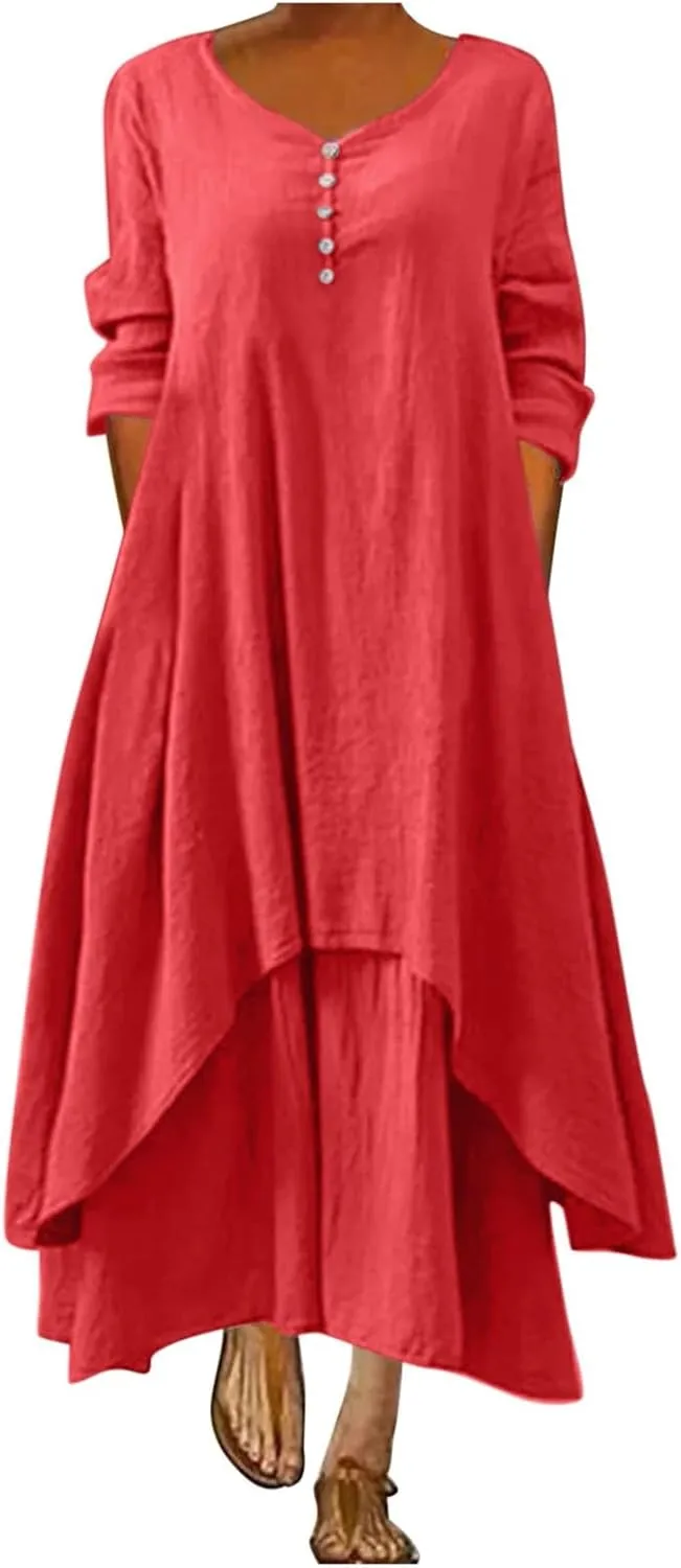 Womens Cotton Vintage Dress Solid Long Sleeve Swing Maxi Linen Dresses Summer A-line Flare Oversized Beach Outfits