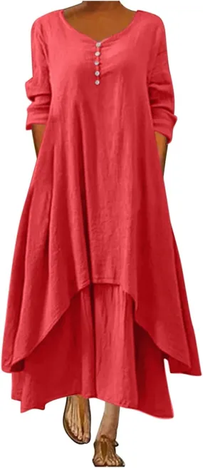 Womens Cotton Vintage Dress Solid Long Sleeve Swing Maxi Linen Dresses Summer A-line Flare Oversized Beach Outfits