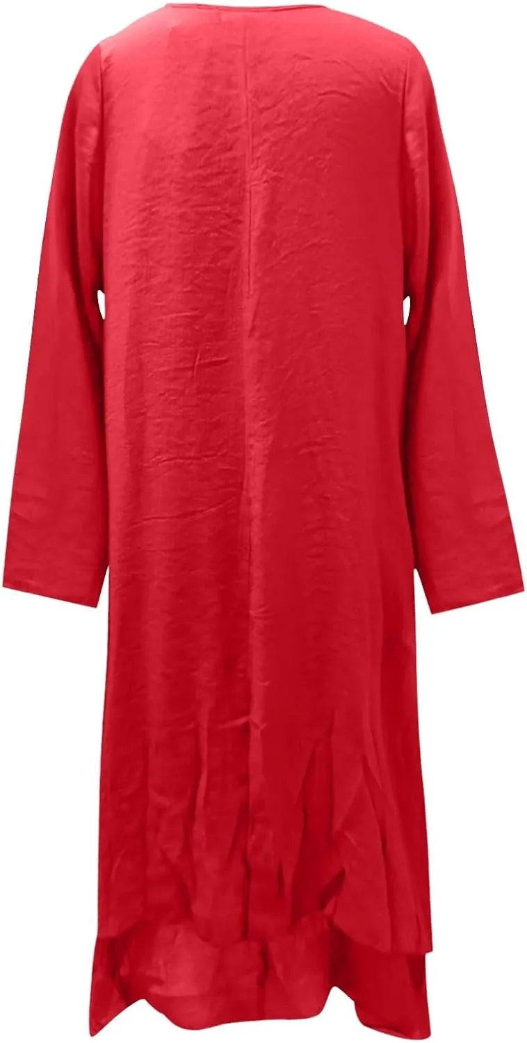 Womens Cotton Vintage Dress Solid Long Sleeve Swing Maxi Linen Dresses Summer A-line Flare Oversized Beach Outfits