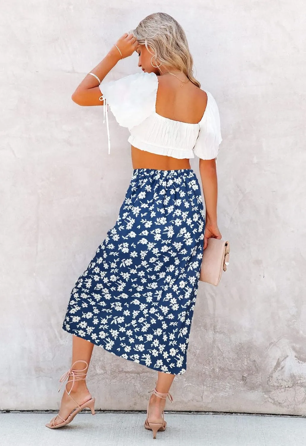 Women’s Floral Print Midi Skirt Casual High Elastic Waist Zipper Vintage Long Boho Skirts for Women