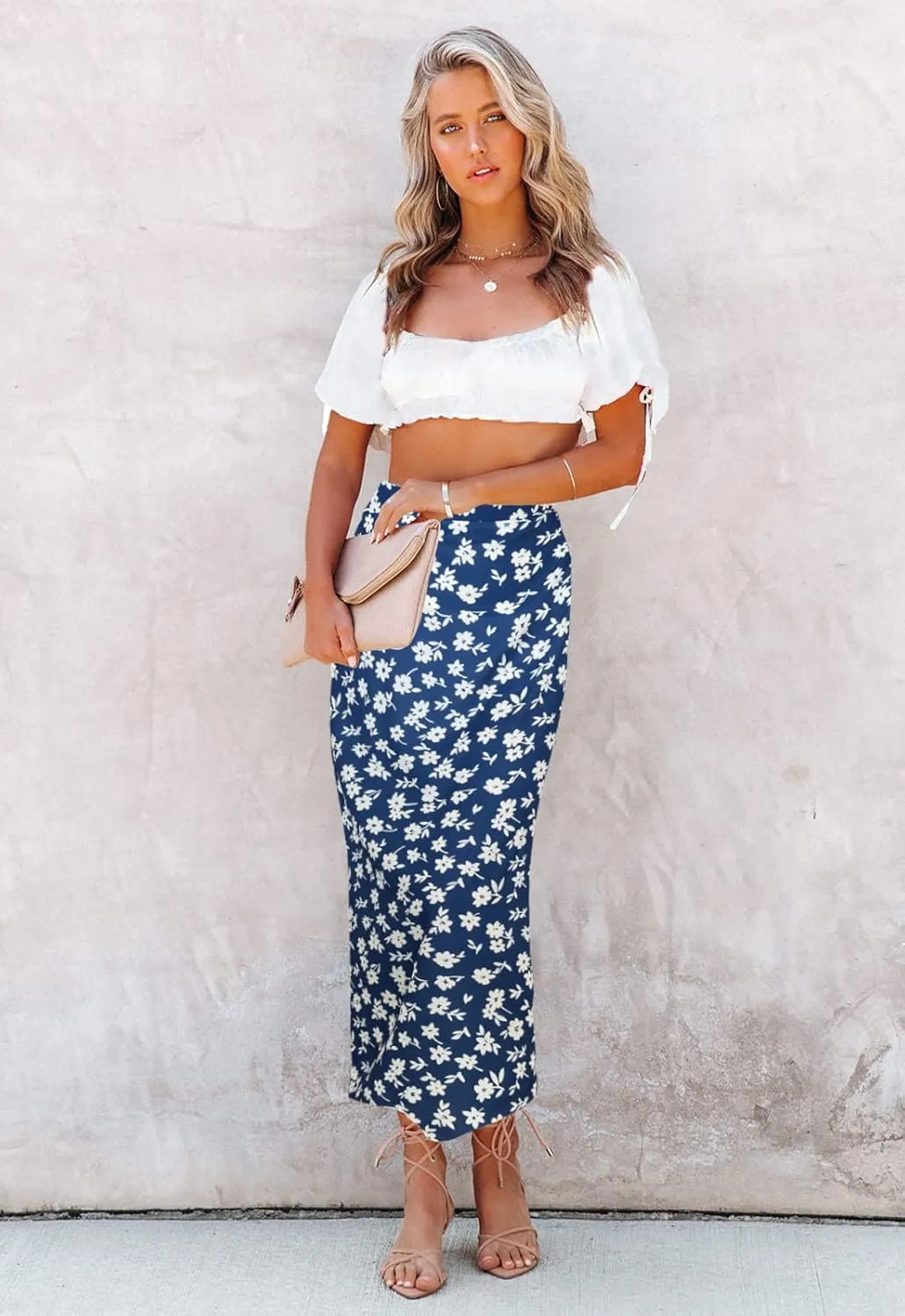 Women’s Floral Print Midi Skirt Casual High Elastic Waist Zipper Vintage Long Boho Skirts for Women
