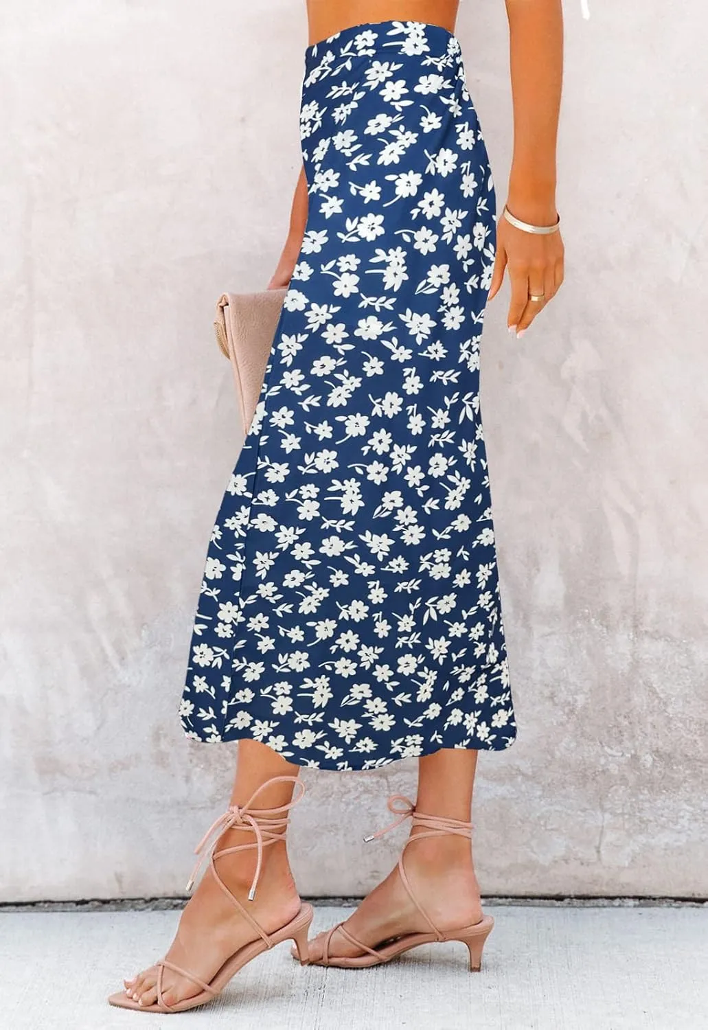Women’s Floral Print Midi Skirt Casual High Elastic Waist Zipper Vintage Long Boho Skirts for Women