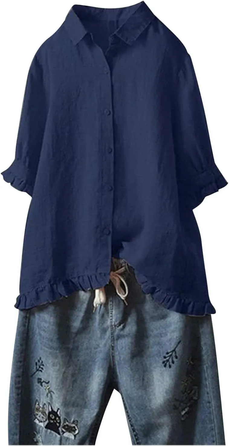 Women's Linen Shirts Summer Linen Solid Color Long Sleeve Tunic Tops Casual Plus Size Soft Crew Neck Tee Tops