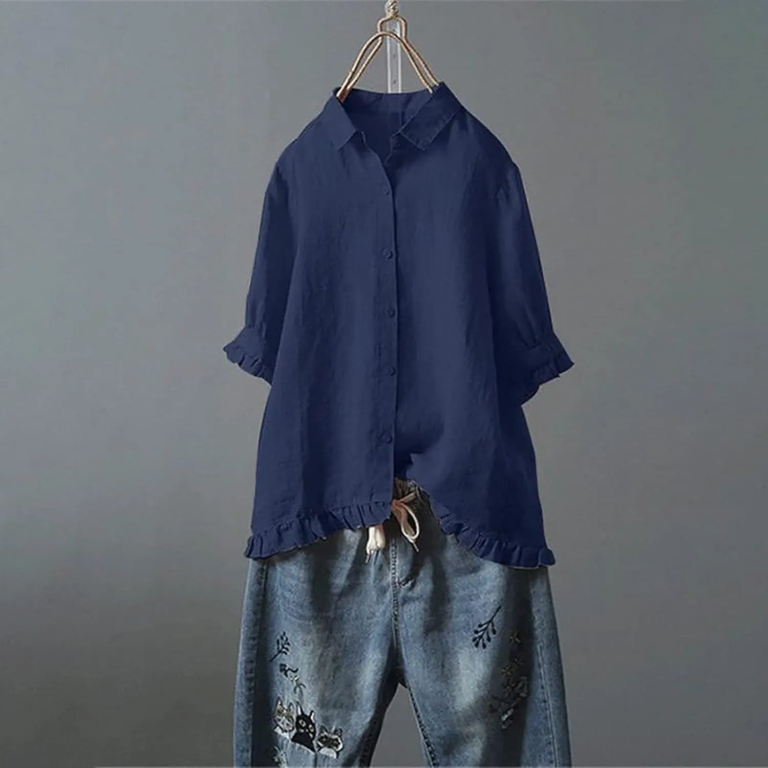 Women's Linen Shirts Summer Linen Solid Color Long Sleeve Tunic Tops Casual Plus Size Soft Crew Neck Tee Tops