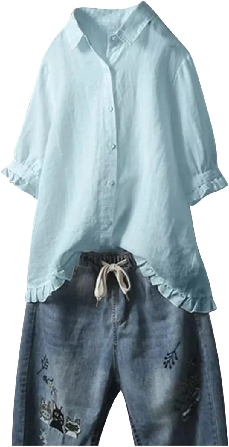 Women's Linen Shirts Summer Linen Solid Color Long Sleeve Tunic Tops Casual Plus Size Soft Crew Neck Tee Tops