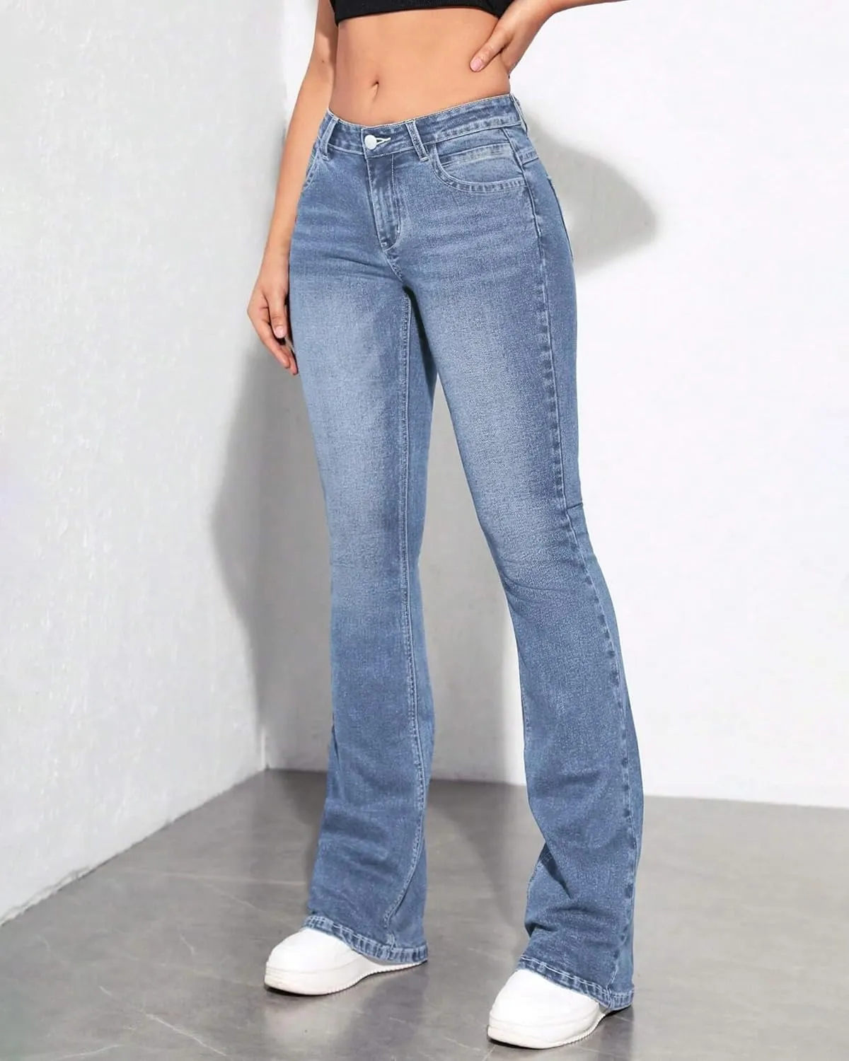 Womens Low Waisted Stretchy Flare Jeans Causal Bootcut Denim Pants Jean.