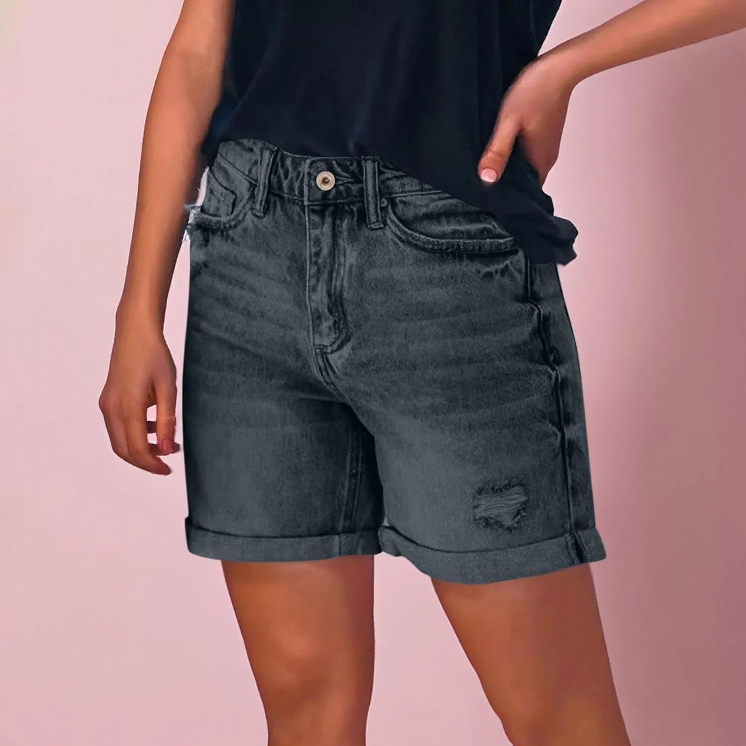 Women's Mid-High Waisted Ripped Denim Shorts Comfortable Ripped Jean Shorts Cutoff Stretchy Summer Hot Short Pants